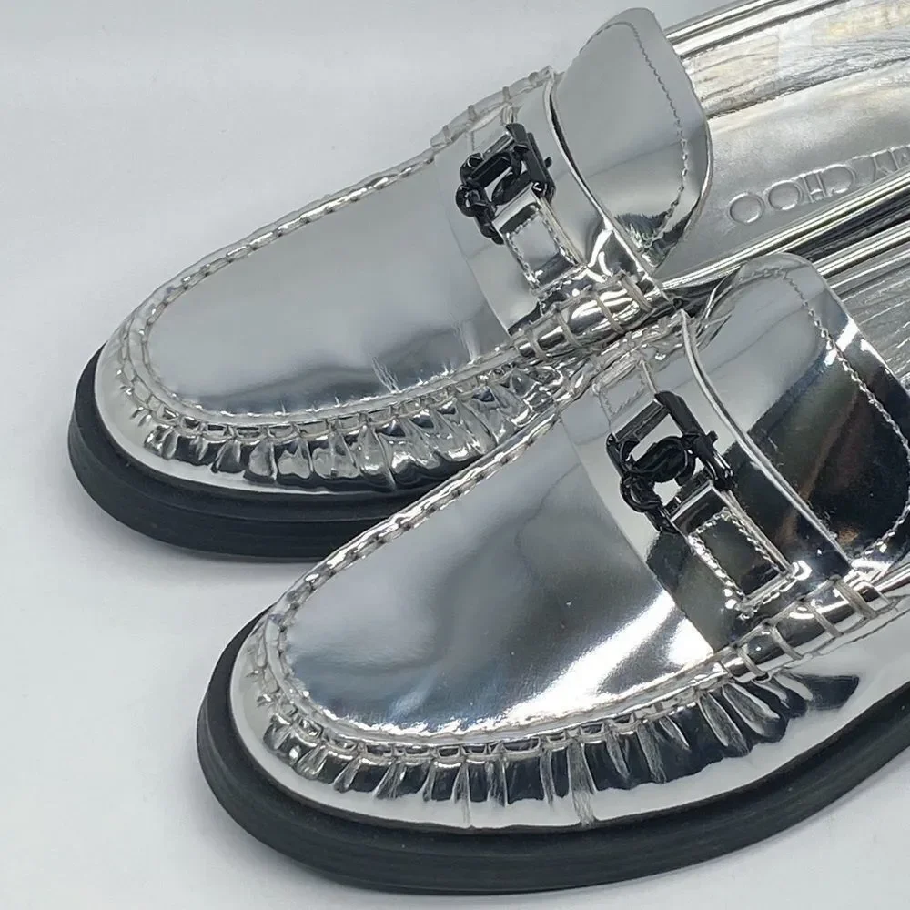 Jimmy Choo Addie JC Logo Metallic Loafer size 38